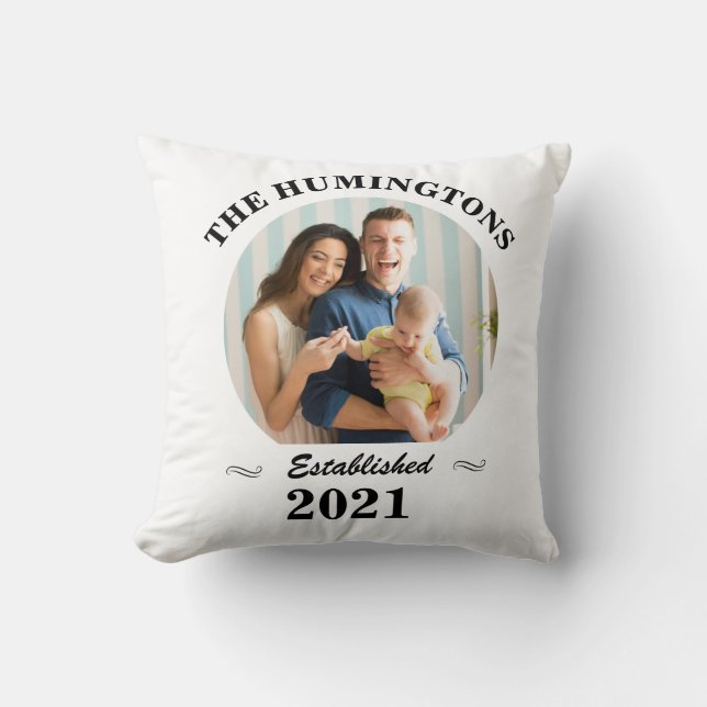 Custom family name, photo and year established  cushion (Front)