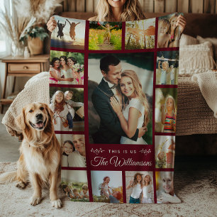 Custom Family Name Photo Collage Modern Burgundy Fleece Blanket