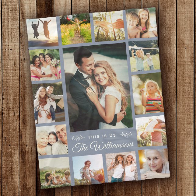 Custom Family Name Photo Collage Modern Dusty Blue Fleece Blanket (Creator Uploaded)