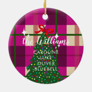 Custom Family Name Pink Plaid Christmas Tree Ceramic Tree Decoration