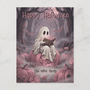 Custom Family Name Reading Ghost & Pink Pumpkins Holiday Postcard