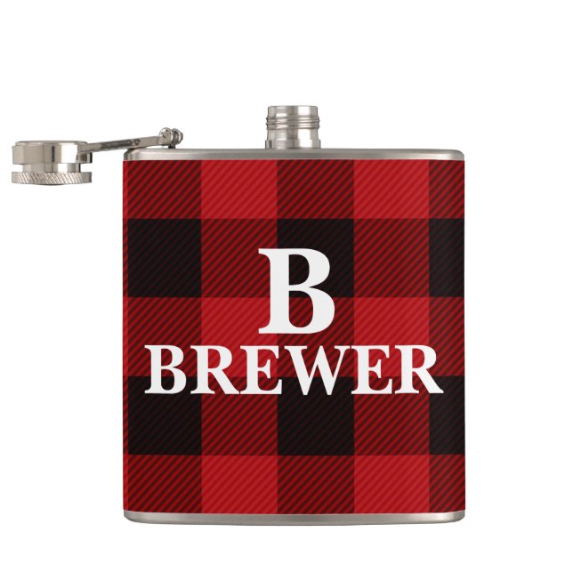 Custom Family Name Red Tartan Vinyl Flask (Opened)