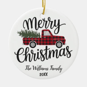 Custom Family Name Red Truck Merry Christmas Ceramic Tree Decoration