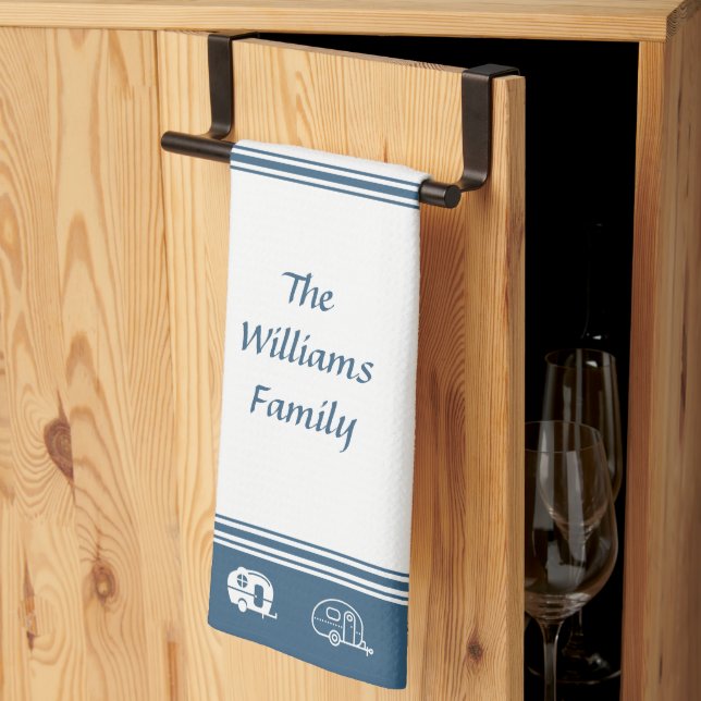 Custom Family Name Retro Campers in Blue and White Tea Towel (Thirds Fold)