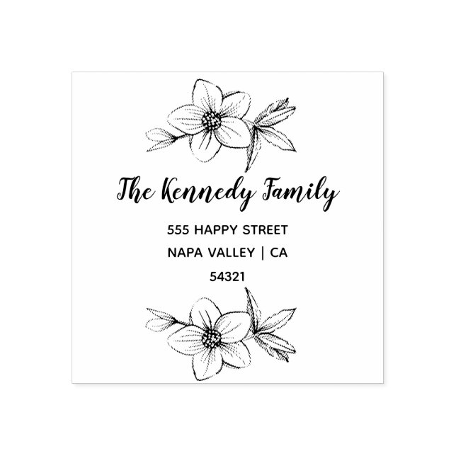 Custom Family Name Return Address Flowers & Script Rubber Stamp (Imprint)