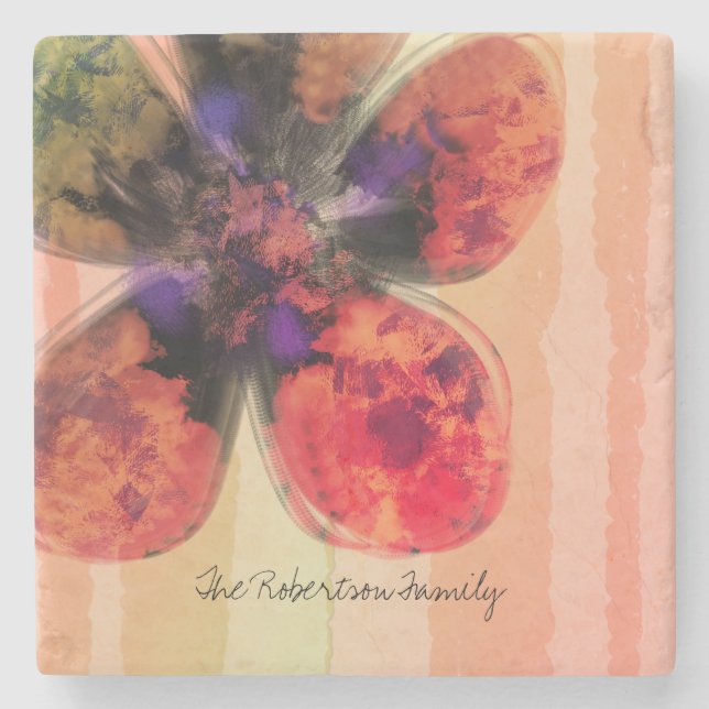 Custom Family Name Rose Gold Floral Abstract Stone Coaster (Front)