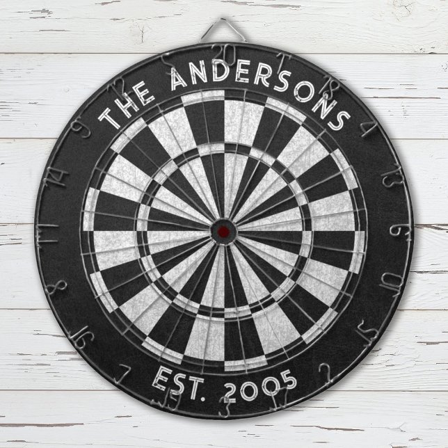 Custom Family Name Rustic Black White Dartboard (Modern black & white dartboard. personalize it with your details. Great for family game room.)