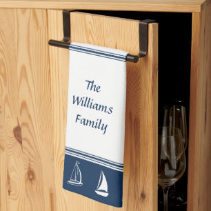Custom Family Name Sailboats in Navy and White Tea Towel