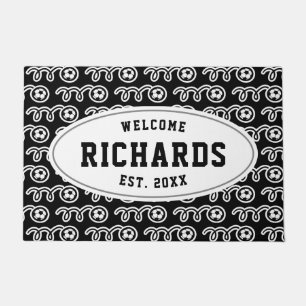 Custom family name soccer ball pattern welcome doormat
