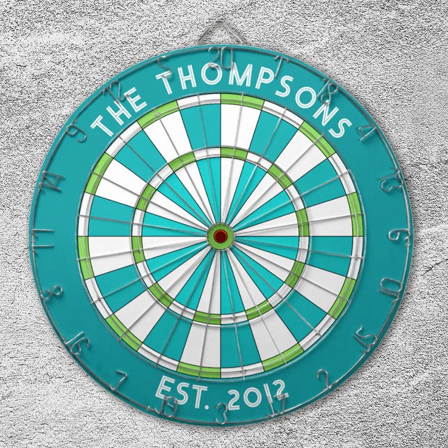 Custom Family Name Teal Blue White Dartboard (a modern teal and white dart board. Great for a game room! personalize it with your name.)