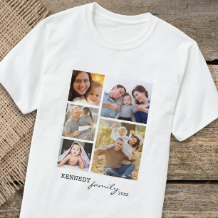 Custom Family Name Text 5 Photo Collage   T-Shirt