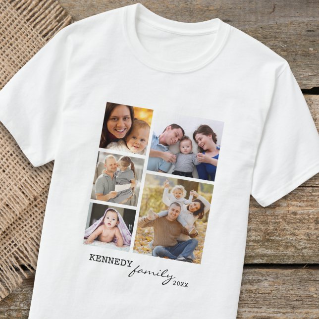 Custom Family Name Text 5 Photo Collage   T-Shirt (Creator Uploaded)