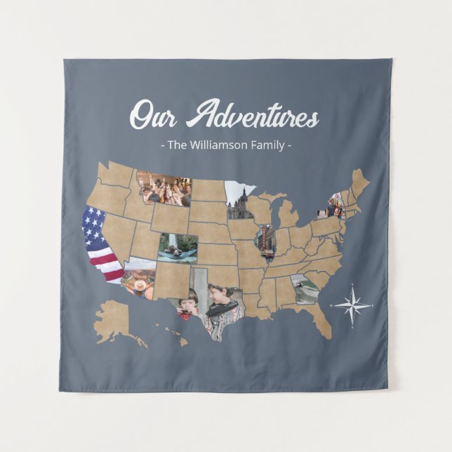 Custom Family Name Travel USA Photo Collage Blue Tapestry (Front)