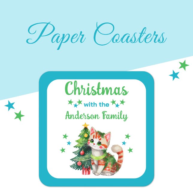 Custom family name tree and cat blue Christmas Square Paper Coaster (Creator Uploaded)