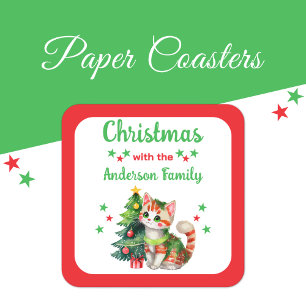 Custom family name tree and cat red Christmas Square Paper Coaster