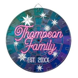 CUSTOM FAMILY NAME Vibrant Pink Text White Stars Dartboard