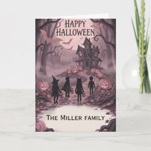 Custom Family Name Vintage Pink Trick or Treat Card