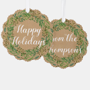 Custom Family Name Wish and Wreath Motif on Tree Decoration Card