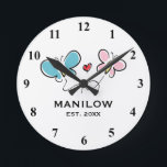 Custom family name year established wall clock<br><div class="desc">Custom family name year established wall clock. Custom Mr and Mrs newlyweds wedding gift. Elegant typography template with family name and date of marriage. Classy presents for just married couple or bride and groom. Cute romantic butterfly drawing design home decor. Personalised decor for unique kitchen, office, living room, bedroom etc....</div>