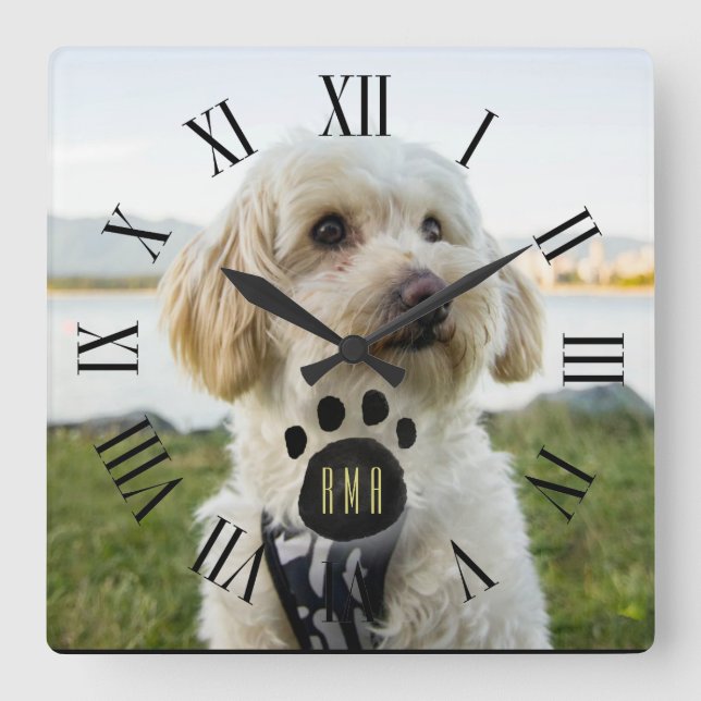 Custom Family Pet Photo | Custom Monogram Square Wall Clock (Front)