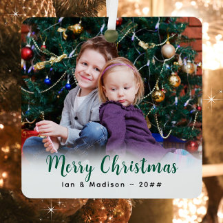 Custom Family Photo and Text Minimalist Christmas Metal Tree Decoration
