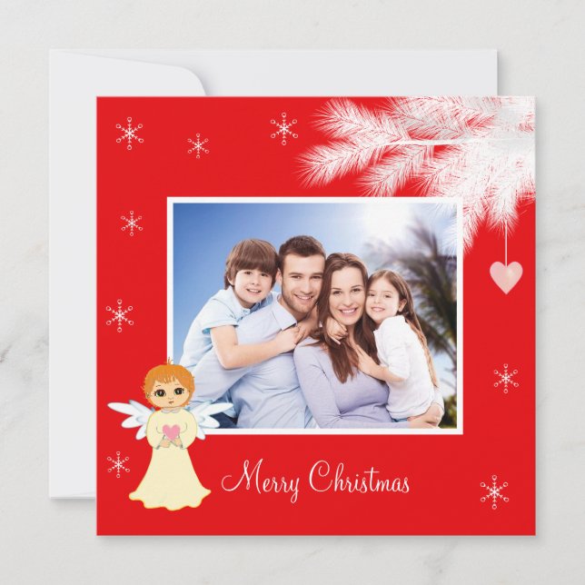Custom Family Photo & Angel on Red Christmas (Front)