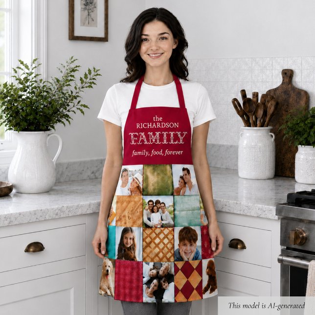 Custom Family Photo Apron (elegant custom 10-photo red family food forever apron keepsake mothers day gift for mom)