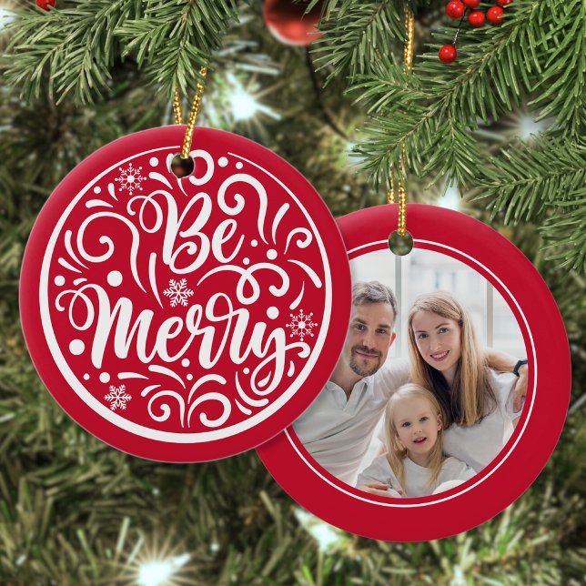 Custom Family Photo Be Merry Christmas Red Ceramic Tree Decoration (Creator Uploaded)