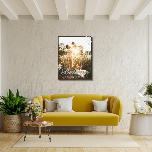Custom Family Photo Believe Silver Glitter Snow Canvas Print (Creator Uploaded)