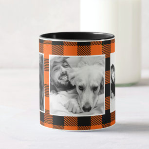 Custom Family Photo Buffalo Plaid Pattern Orange Mug