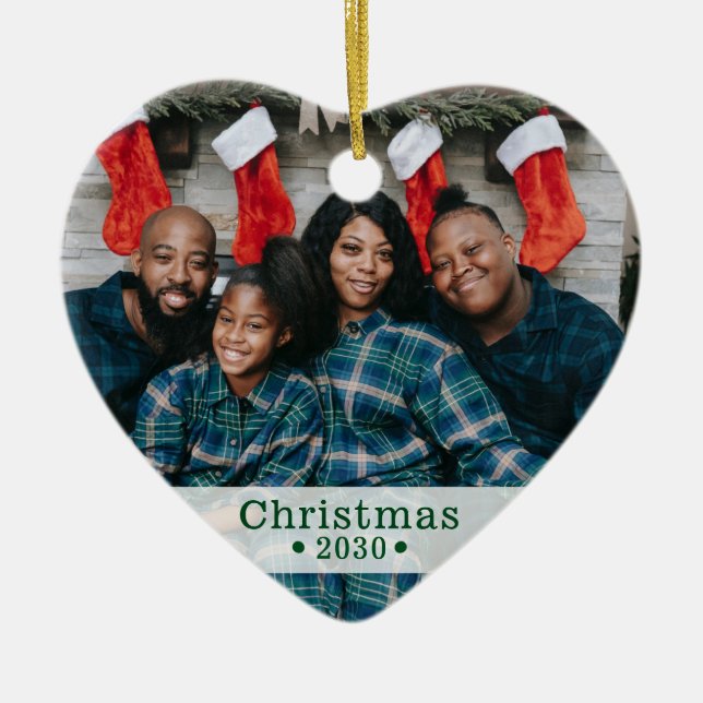 Custom Family Photo Christmas Heart Ceramic Tree Decoration (Front)