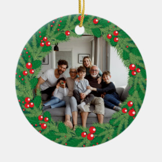 Custom Family Photo Christmas Holly Wreath Gift Ceramic Tree Decoration