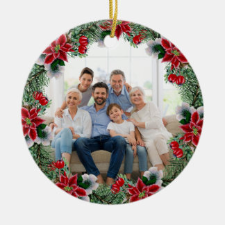 Custom Family Photo Christmas Poinsettia Wreath Ceramic Tree Decoration