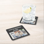 Custom Family Photo Coaster<br><div class="desc">Custom Family Photo Coaster Square coaster featuring a dark base and a central photo insert. The design is minimalist, with the text "YOUR PHOTO HERE" framing a sample image of a happy family. It is a functional home accessory that allows you to keep precious memories close at hand on your...</div>