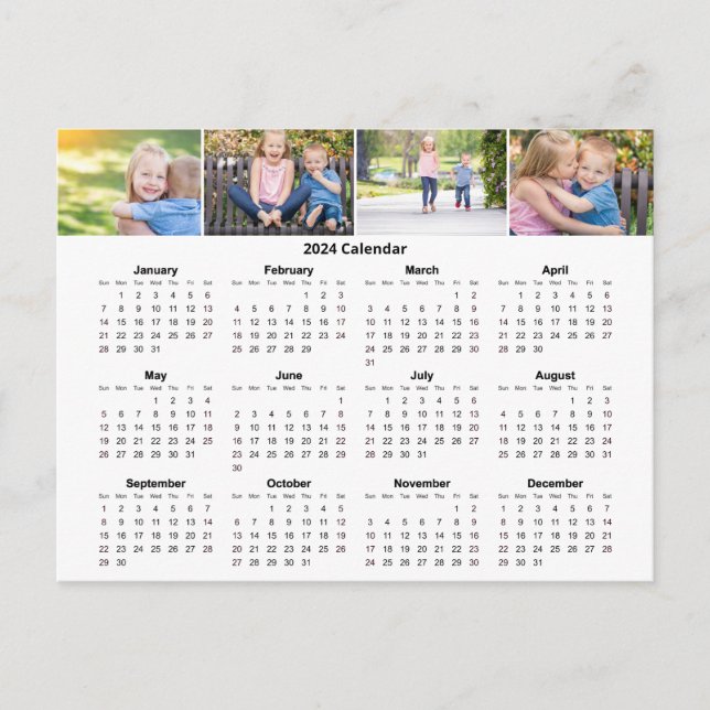 Custom Family Photo Collage 2024 Monthly Calendar Postcard (Front)