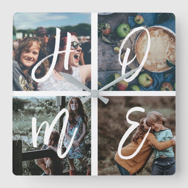 Custom Family Photo Collage Brush Script HOME Square Wall Clock (Front)