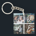 Custom Family Photo Collage Calligraphy  HOME Key Ring<br><div class="desc">Personalised family keepsake keychain with 4 of your family photos arranged in a square grid photo collage and a beautiful hand-lettered script spelling HOME. Great gift for mum,  dad,  family,  friends,  parents,  and grandparents!</div>