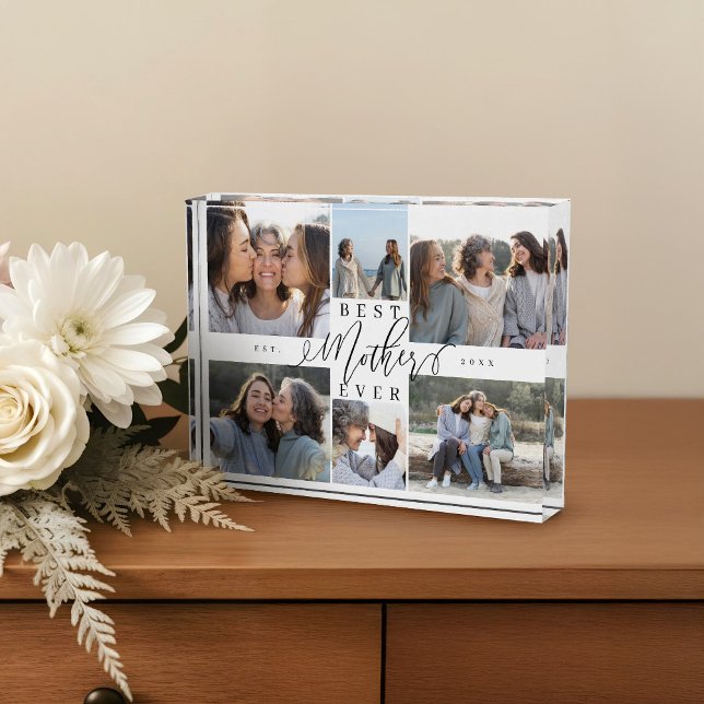 Custom Family Photo Collage Gift Best Mother Ever Block (Custom Family Photo Collage Gift Best Mother Ever)