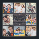 Custom Family Photo Collage Modern Dark Wood Chic Square Wall Clock<br><div class="desc">Custom Family 8 - Photo Collage on a modern elegant dark wood (printed) background. Great personalized present for Father's Day, Mother's Day, or as a present for grandmoms and granddad's for Birthdays or Family Holidays. Update with your favorite 8 photos and this will be a keepsake they will surely treasure....</div>