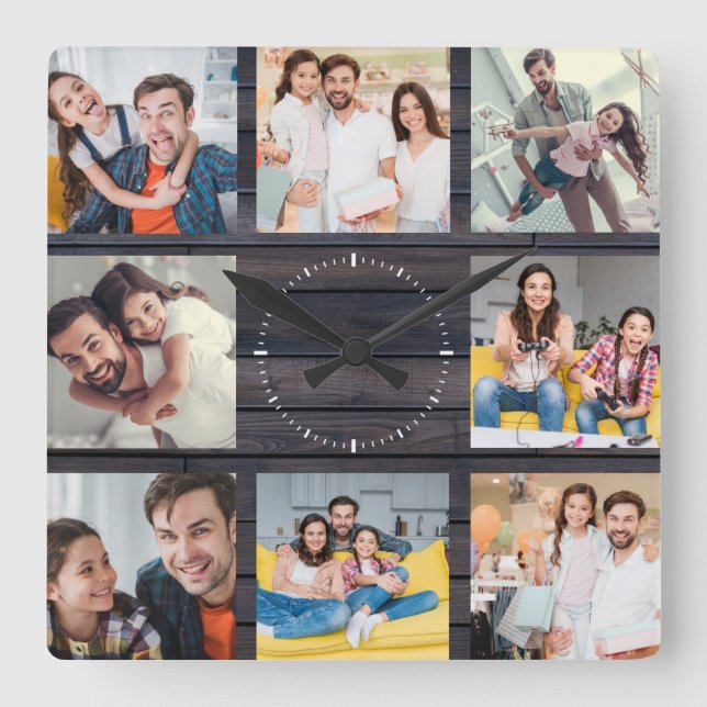 Custom Family Photo Collage Modern Dark Wood Chic Square Wall Clock (Front)