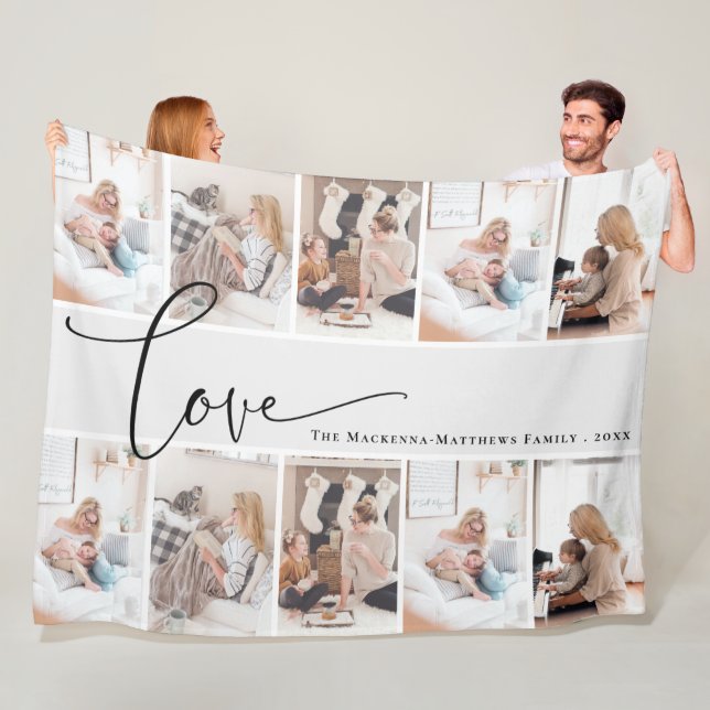 Custom Family Photo Collage Modern Monogram Love Fleece Blanket (In Situ)