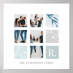 Custom Family Photo Collage Monogram Leaf Theme Poster