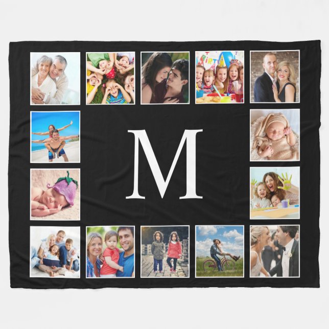 Custom Family Photo Collage Personalised Black Fleece Blanket (Front (Horizontal))