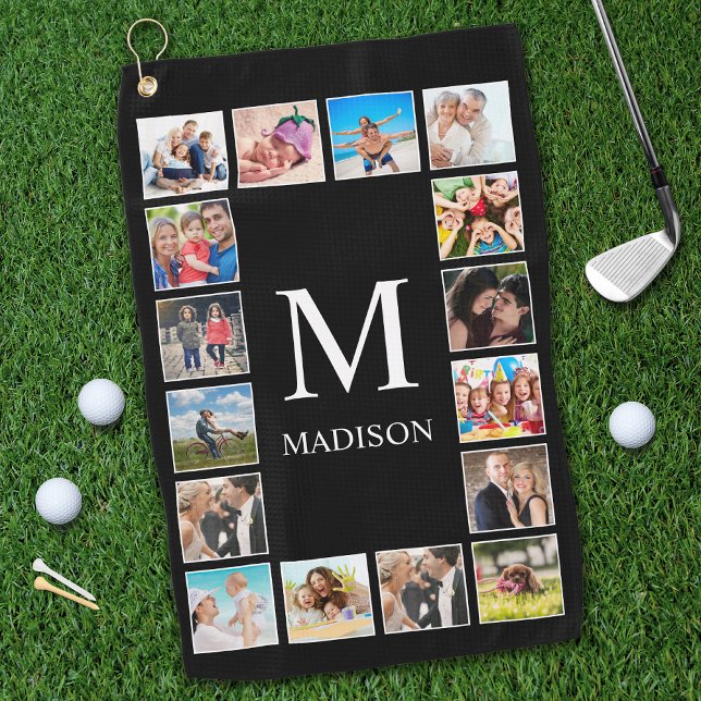 Custom Family Photo Collage Personalised Black Golf Towel (Creator Uploaded)