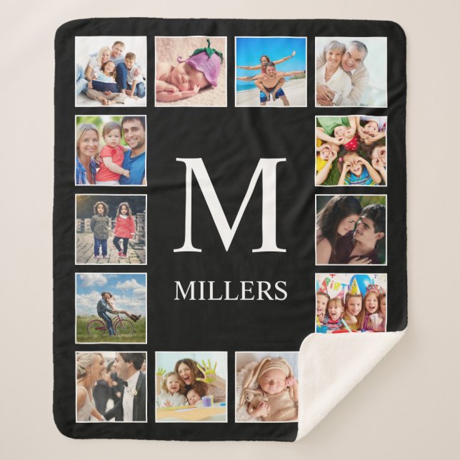 Custom Family Photo Collage Personalised Black Sherpa Blanket (Front)