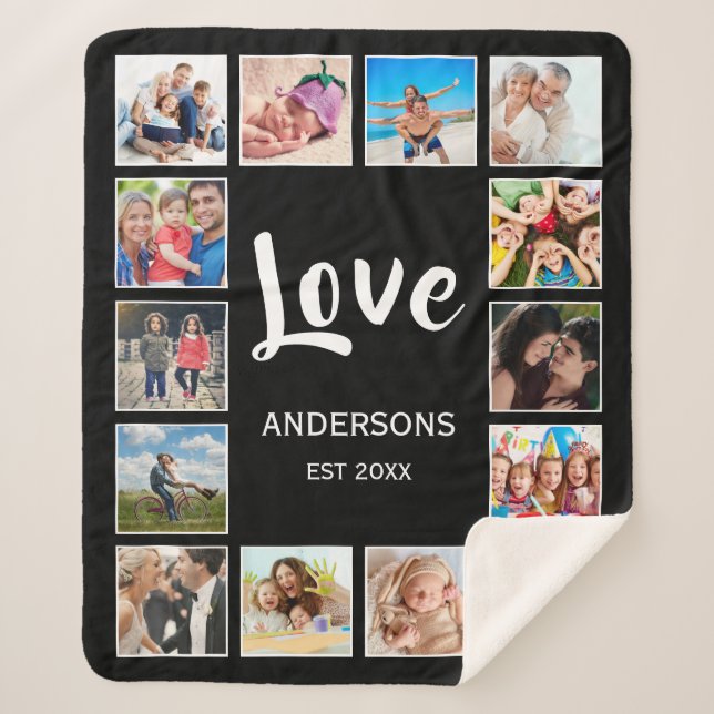Custom Family Photo Collage Personalised Black Sherpa Blanket (Front)
