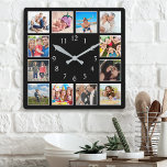 Custom Family Photo Collage Personalised Black Square Wall Clock<br><div class="desc">Create your own personalised 12 photo collage, wall clock with your custom images on a simple modern black background. Add your favourite photos, designs or artworks to create something really unique.</div>