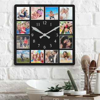 Custom Family Photo Collage Personalised Black Square Wall Clock