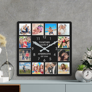 Custom Family Photo Collage Personalised Black Square Wall Clock