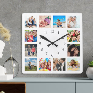 Custom Family Photo Collage Personalised White Square Wall Clock